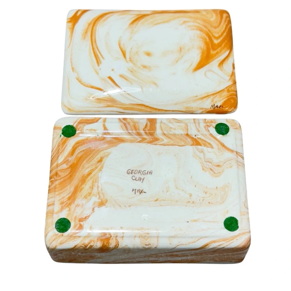 Vintage Jewelry Box Trinket  Handmade 5x4 Signed Smooth Clay 5x4x2 Swirl